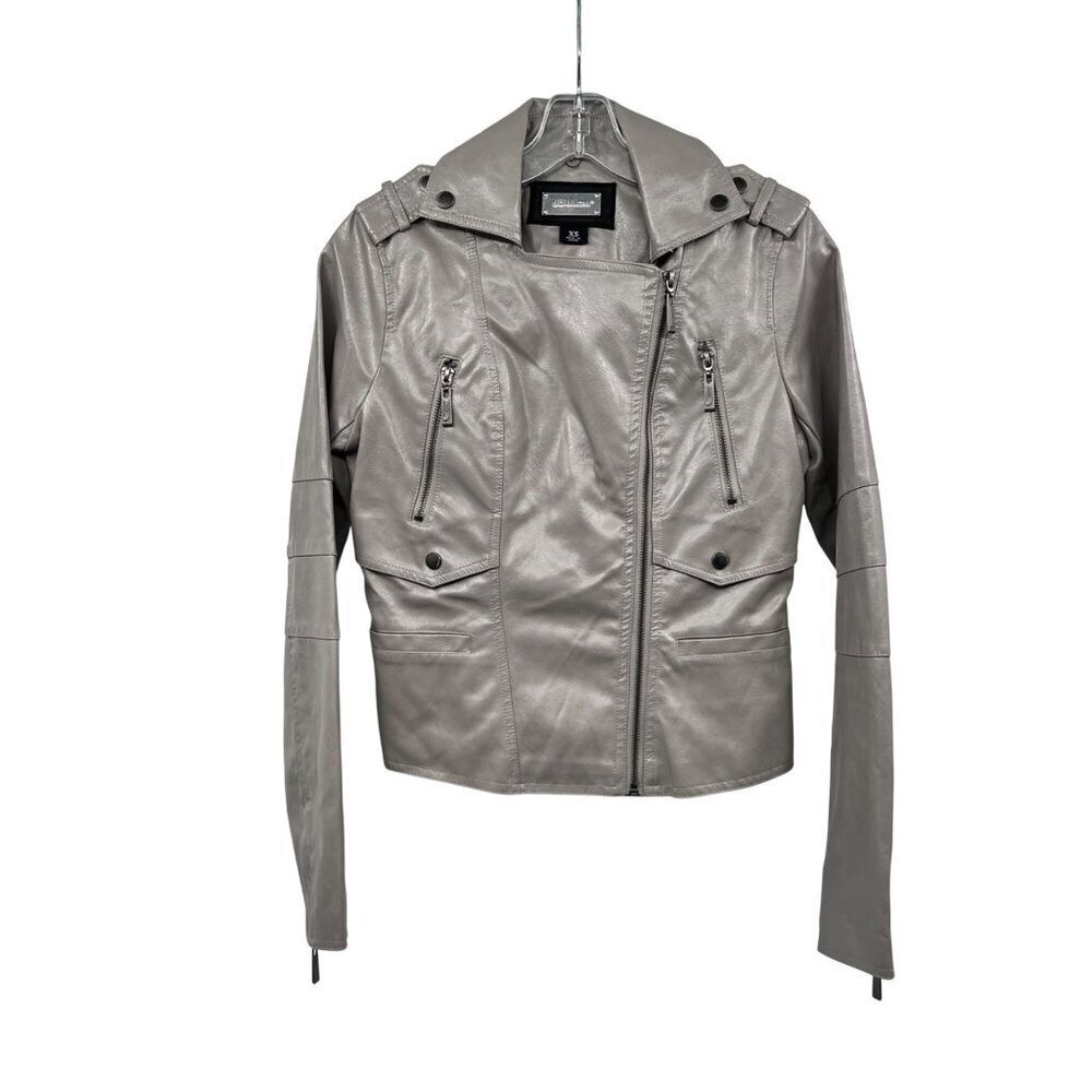 JOUJOU Womens Faux Leather Moto Jacket Zip Up Gray Size XS Pockets